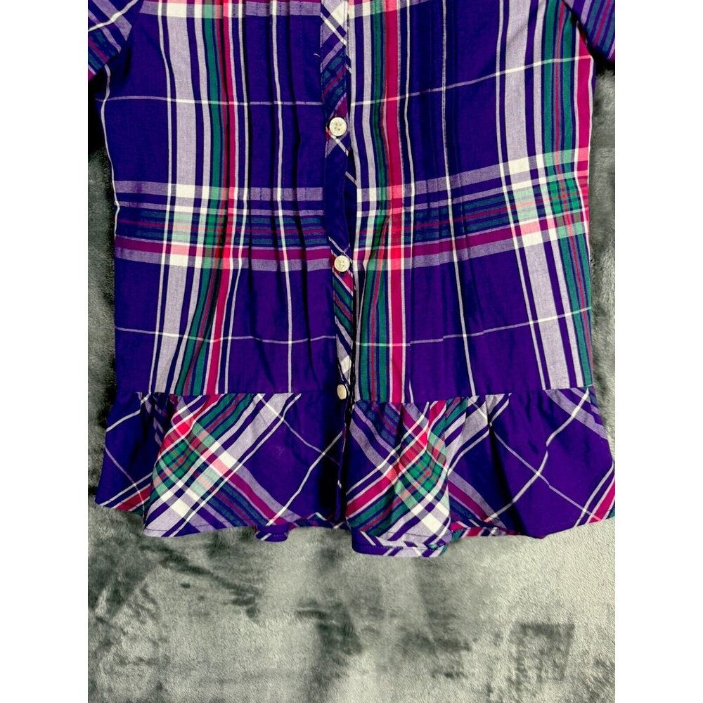 Chaps Little Girl’s Sz 5 Top Short Sleeve Pur/Strip Plaid Ruffled Collar Pleated - Picture 8 of 12